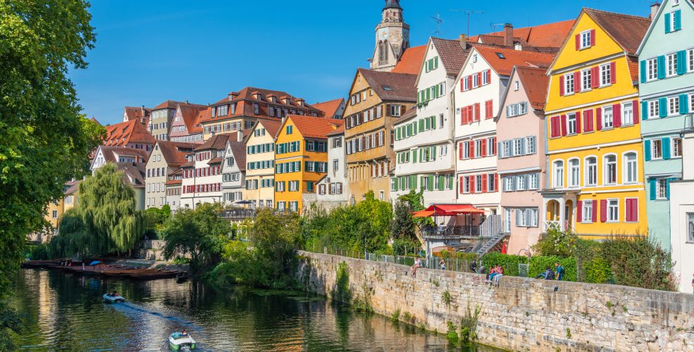 Colorful facades of houses alongside river Neckar in Tubingen, Germany
